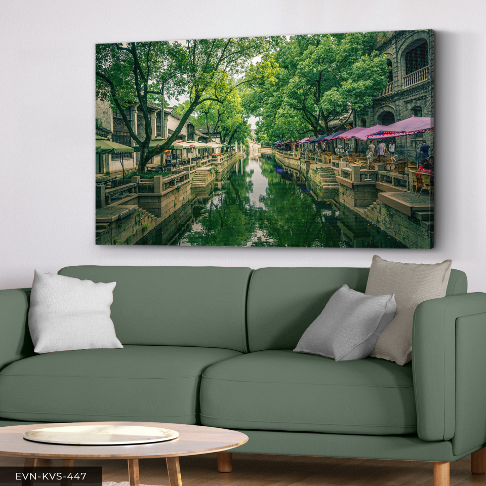 Irmak Kenarı Cafeler Tek Parça Kanvas - Canvas Tablo 140 x 90 CM - Çok Renkli