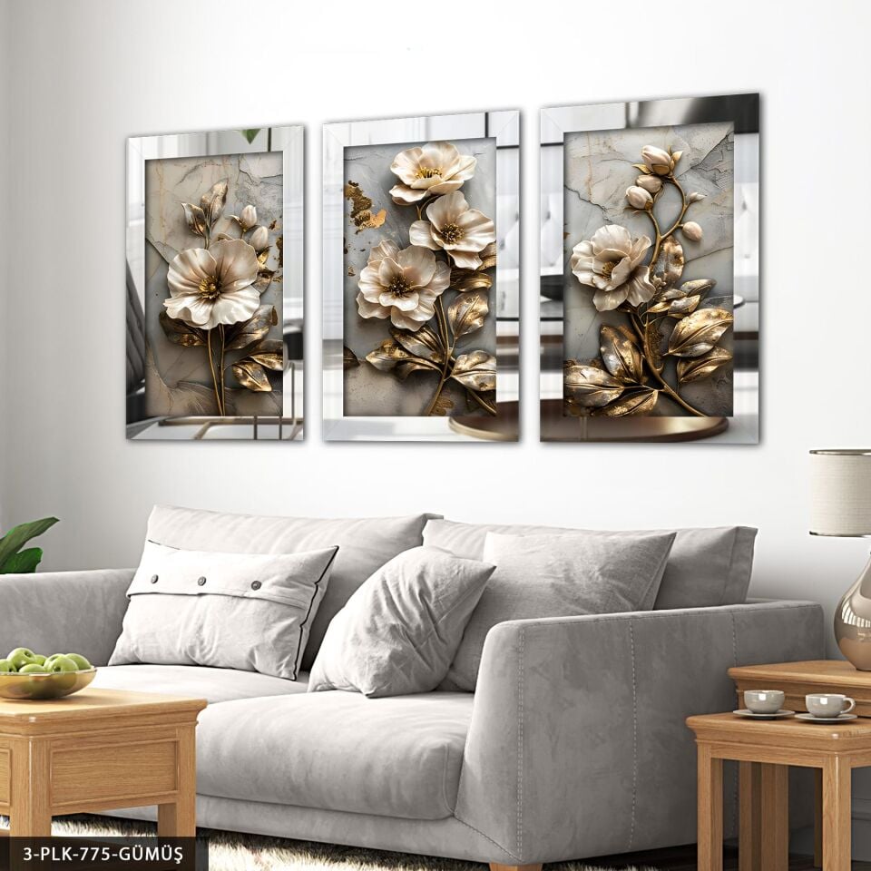 Gold Işıltılı Dokulu Görünüm Çiçek 3 Parça Pleksi Aynalı Tablo Gümüş - 50 x 70 CM