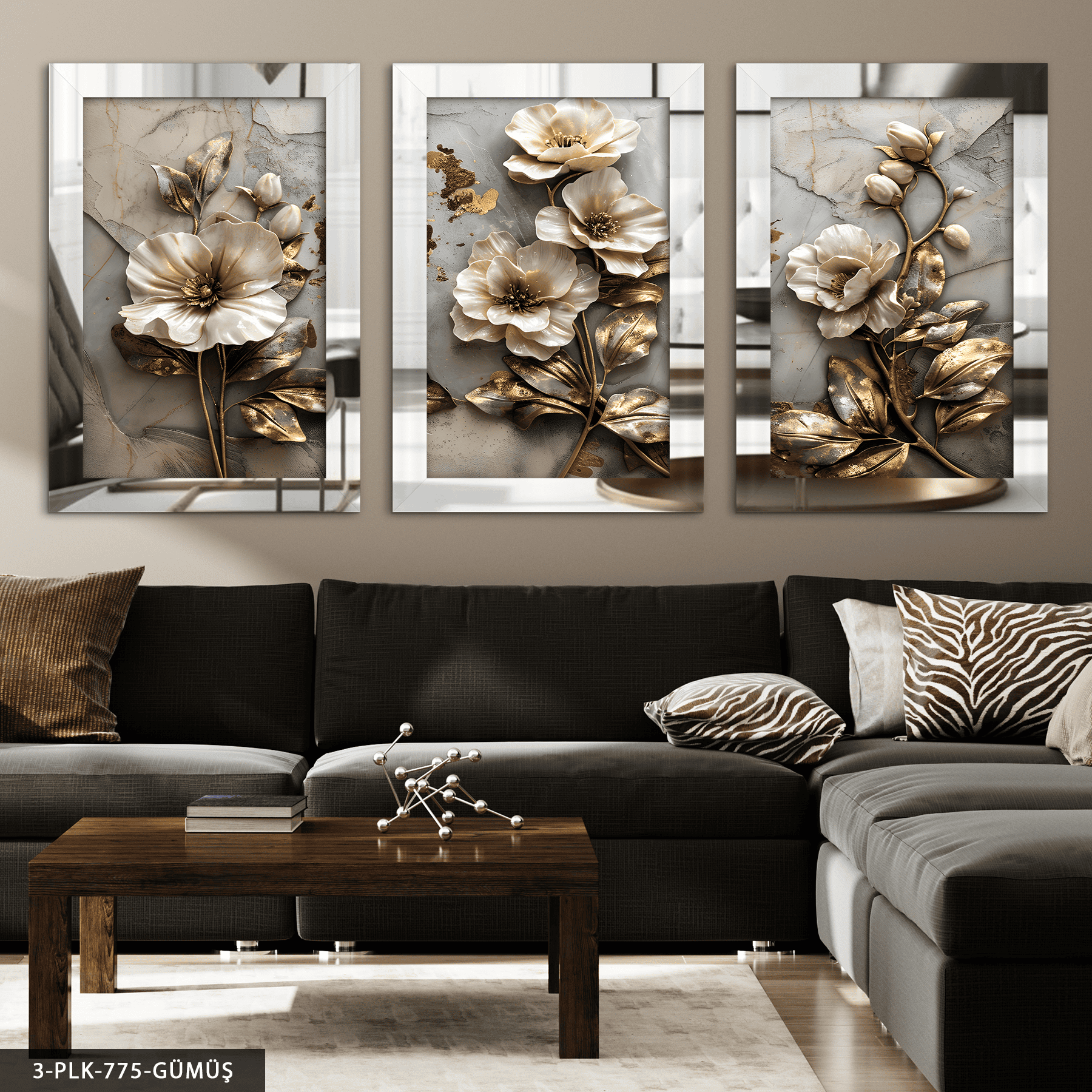 Gold Işıltılı Dokulu Görünüm Çiçek 3 Parça Pleksi Aynalı Tablo Gümüş - 50 x 70 CM