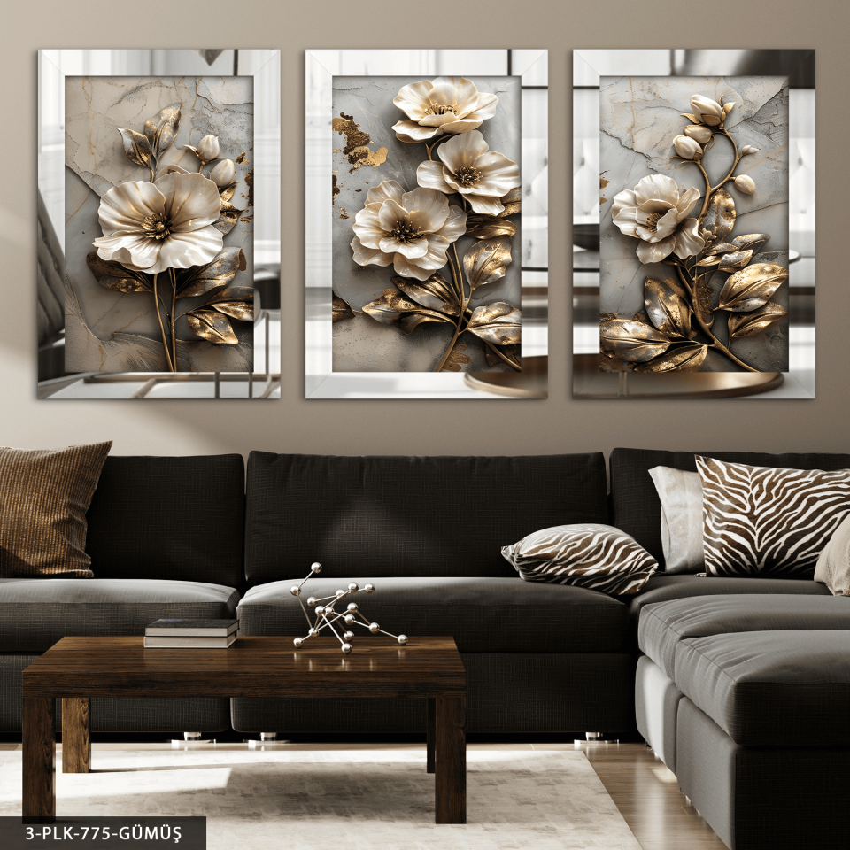 Gold Işıltılı Dokulu Görünüm Çiçek 3 Parça Pleksi Aynalı Tablo Gümüş - 50 x 70 CM