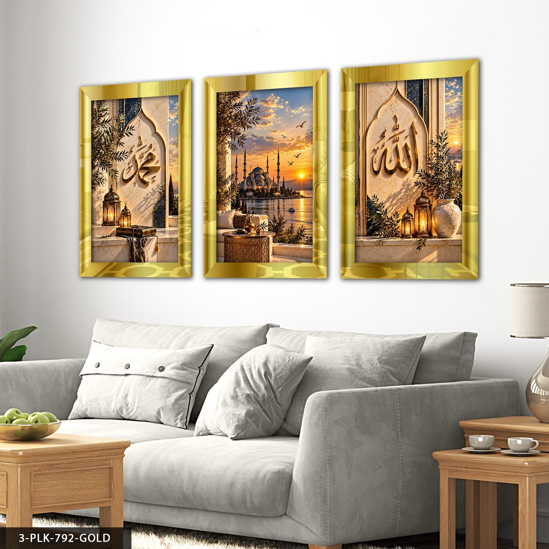 Allah Muhammed ve Camii 3 Parça Pleksi Aynalı Tablo 40 x 60 CM - Gold