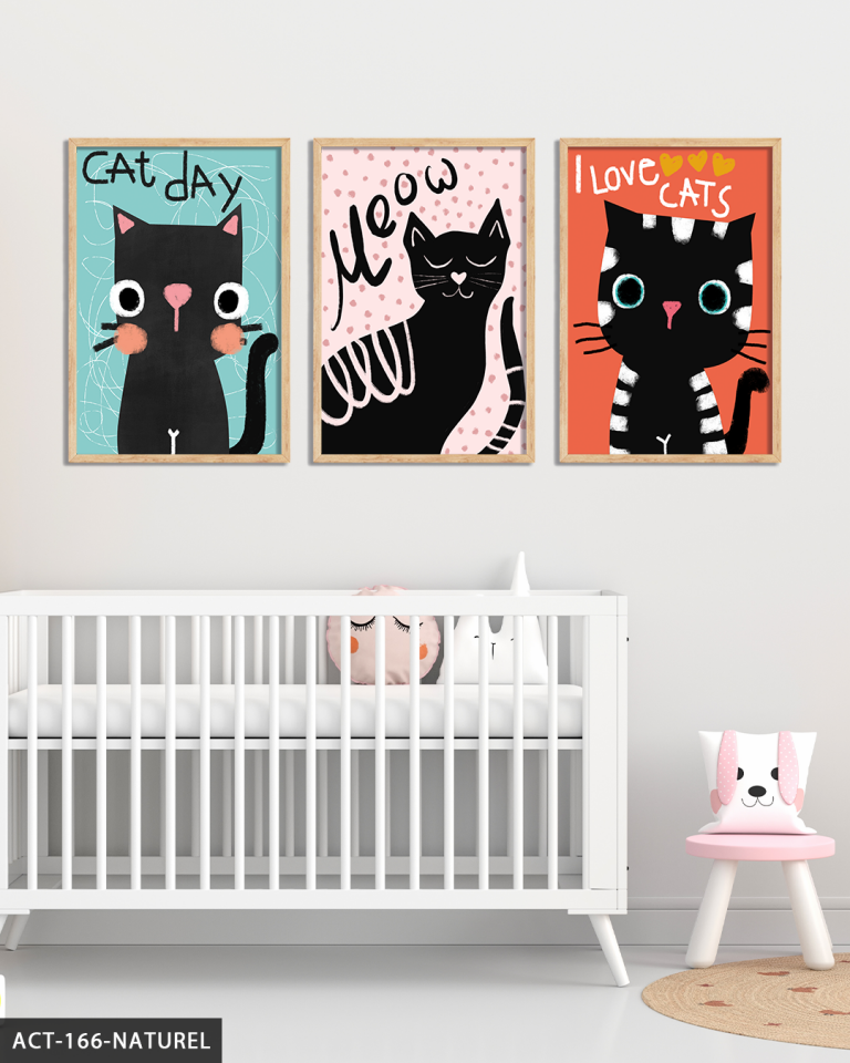 Sevimli Kara Kediler 3 Parça Ahşap Çerçeveli Tablo ACT Naturel - 20 x 30 CM