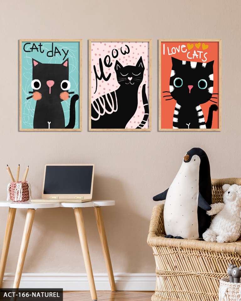 Sevimli Kara Kediler 3 Parça Ahşap Çerçeveli Tablo ACT Naturel - 20 x 30 CM