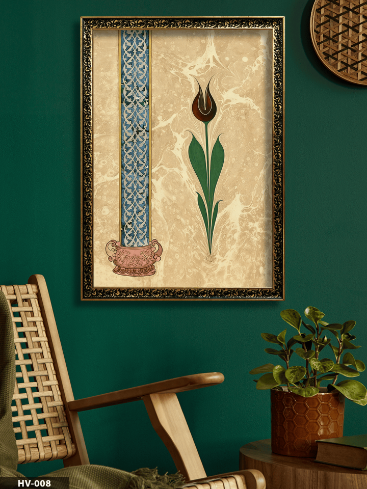 Ebru Desen Üzeine Kırmızı Lale Vintage Desenli Premium Çerçeveli Tek Parça Tablo 75x55 CM HV