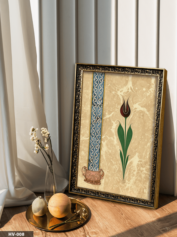 Ebru Desen Üzeine Kırmızı Lale Vintage Desenli Premium Çerçeveli Tek Parça Tablo 75x55 CM HV