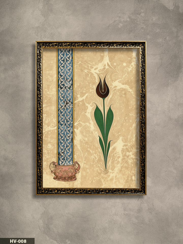 Ebru Desen Üzeine Kırmızı Lale Vintage Desenli Premium Çerçeveli Tek Parça Tablo 75x55 CM HV