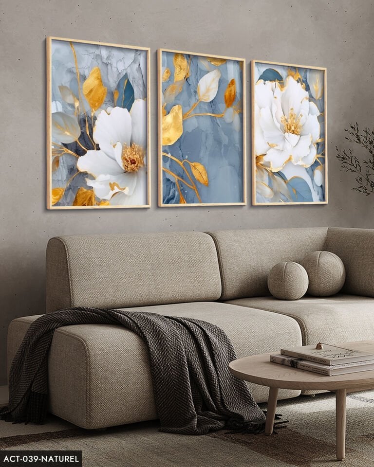 Mavi Renk Çiçekler 3 Parça Ahşap Çerçeveli Tablo ACT Siyah - 40 x 60 CM