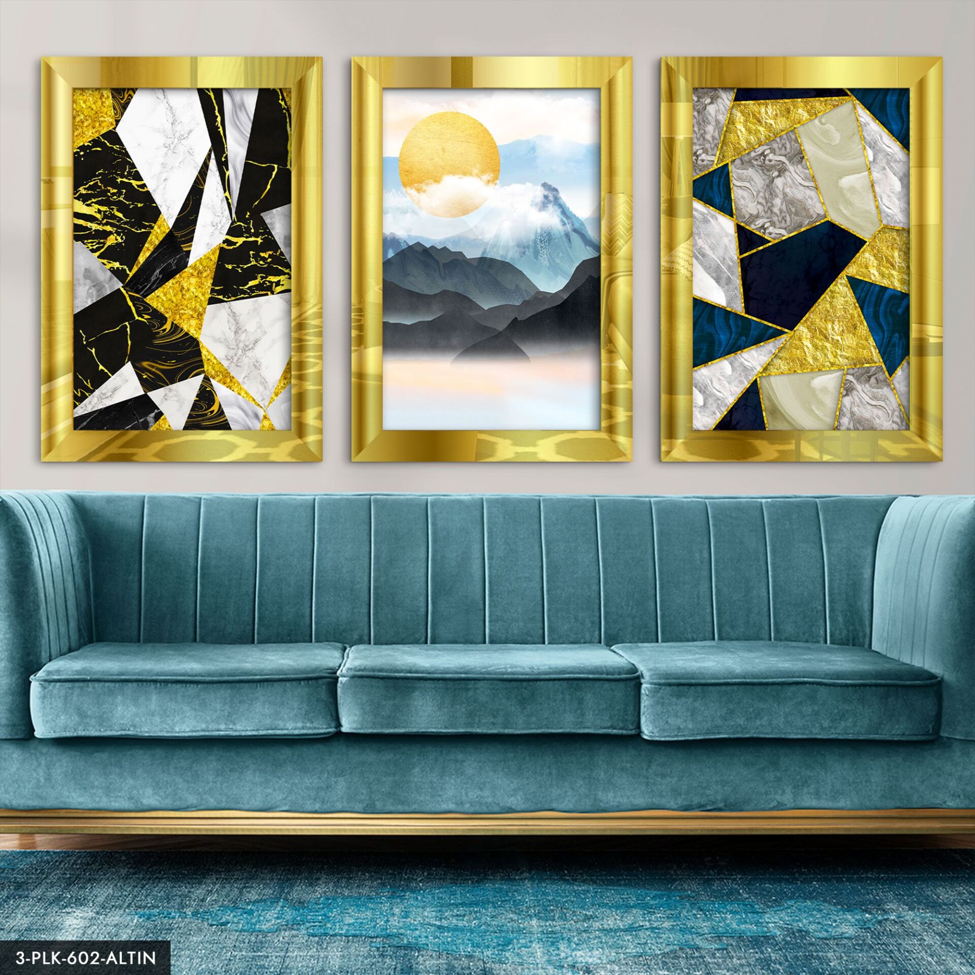 Soyut 3 Parça Pleksi Aynalı Tablo 60 x 80 CM - Gold