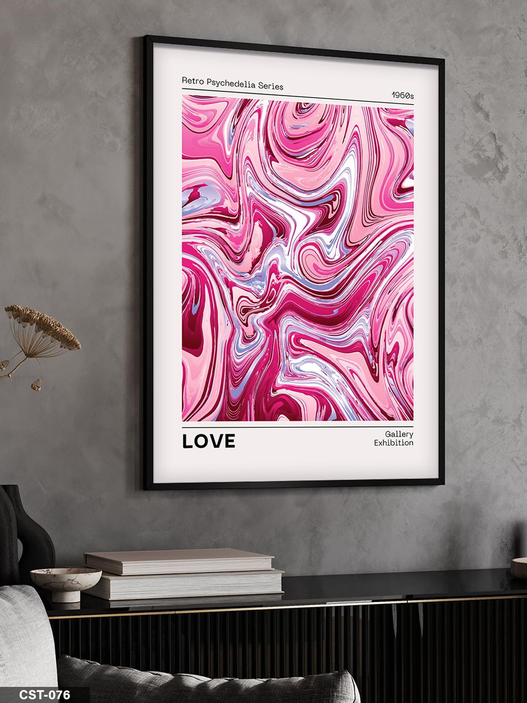 Pembe Mermer Desen Love Yazılı Tek Parça Ahşap Çerçeveli Tablo Siyah - 20 x 30 CM