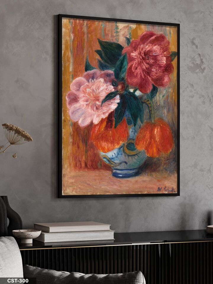 Pierre Auguste Renoir Peynir ve Çiçekler Tek Parça Ahşap Çerçeveli Tablo Siyah - 50 x 70 CM