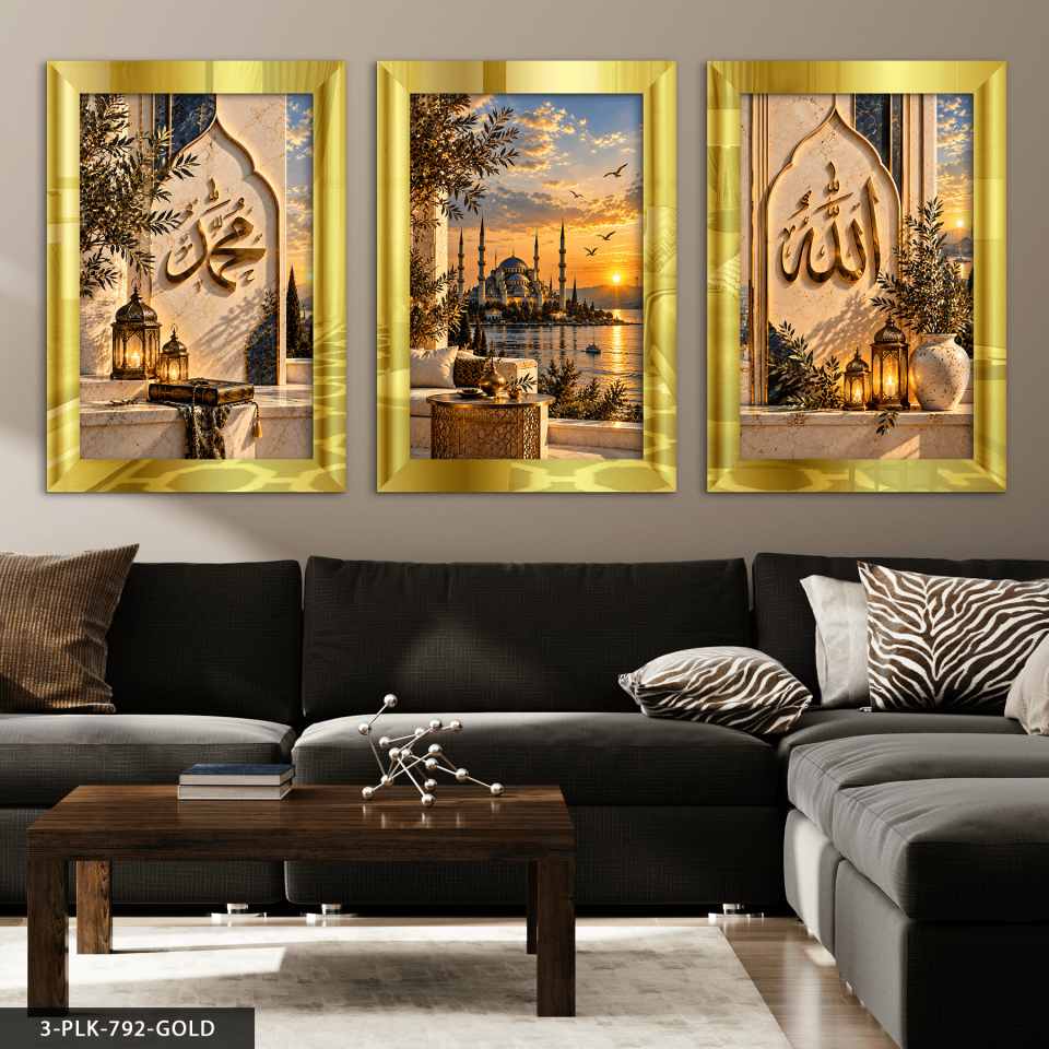 Allah Muhammed ve Camii 3 Parça Pleksi Aynalı Tablo 50 x 70 CM - Gold