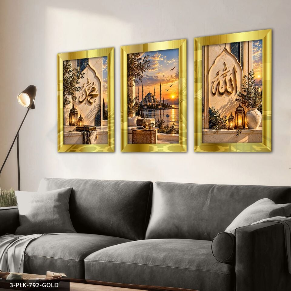 Allah Muhammed ve Camii 3 Parça Pleksi Aynalı Tablo 50 x 70 CM - Gold