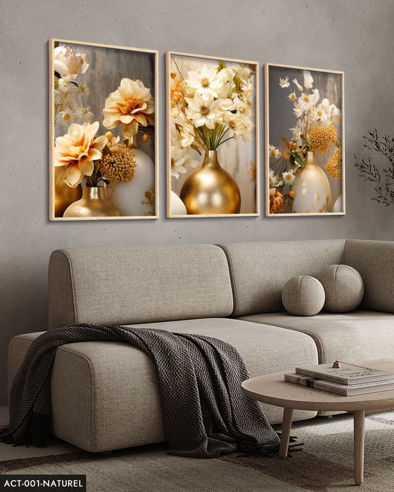 Vazoda Çiçekler 3 Parça Ahşap Çerçeveli Tablo Naturel - 30 x 40 CM