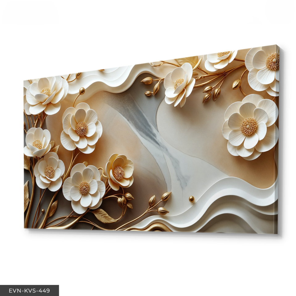 Gold Yapraklı Zarif Beyaz Çiçekler Tek Parça Kanvas - Canvas Tablo 140 x 90 CM - Çok Renkli