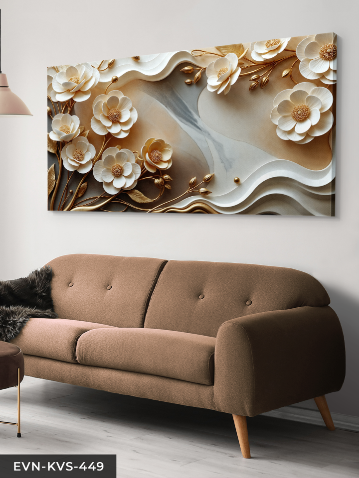 Gold Yapraklı Zarif Beyaz Çiçekler Tek Parça Kanvas - Canvas Tablo 140 x 90 CM - Çok Renkli