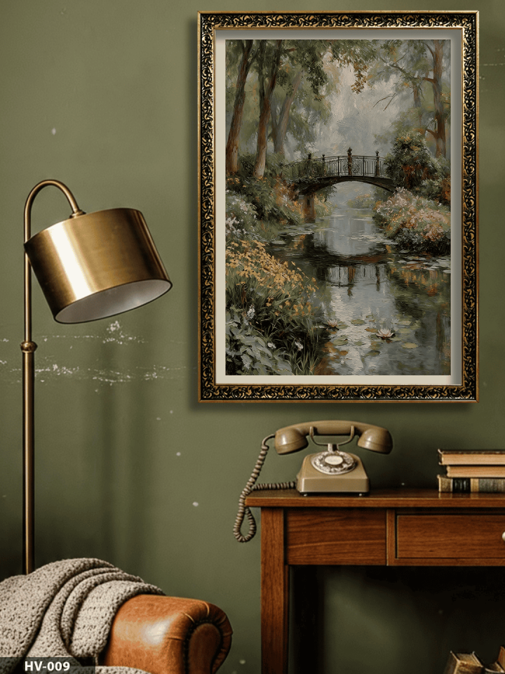 Çiçekli Irmak Köprüsü Vintage Desenli Premium Çerçeveli Tek Parça Tablo 75x55 CM HV