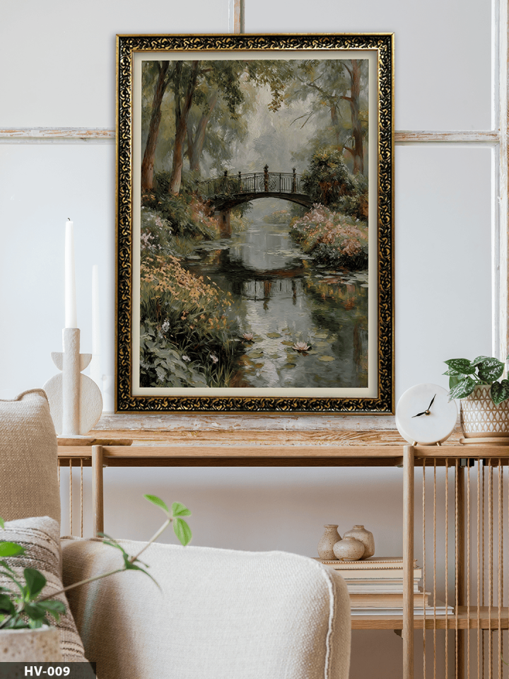 Çiçekli Irmak Köprüsü Vintage Desenli Premium Çerçeveli Tek Parça Tablo 75x55 CM HV