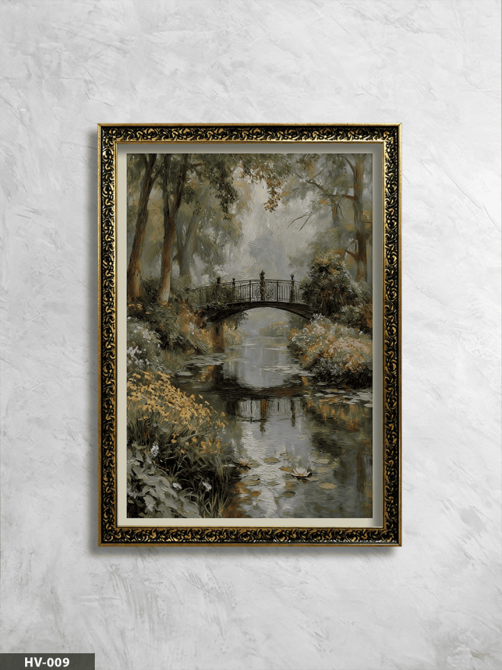 Çiçekli Irmak Köprüsü Vintage Desenli Premium Çerçeveli Tek Parça Tablo 75x55 CM HV