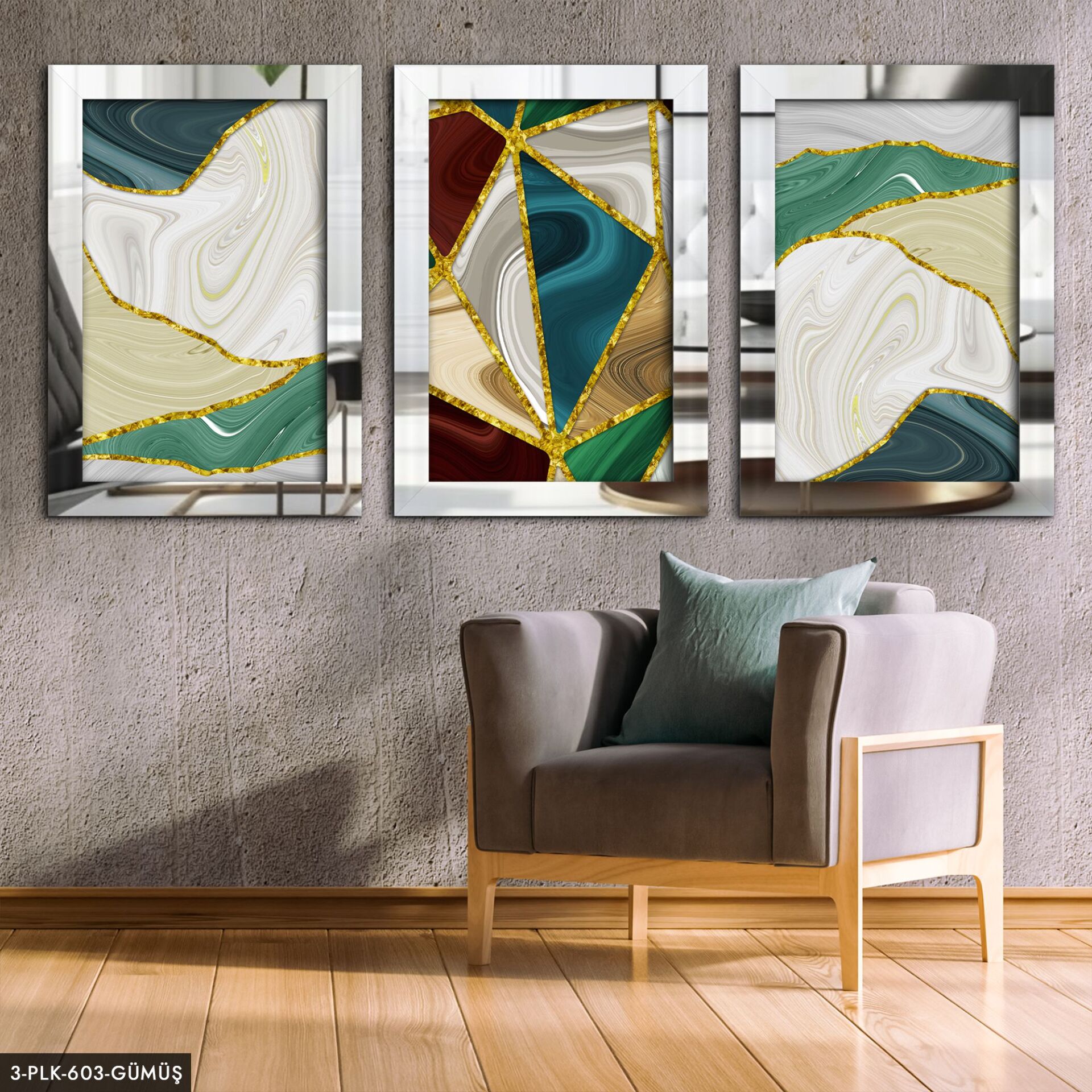 Soyut 3 Parça Pleksi Aynalı Tablo 60 x 80 CM - Gümüş