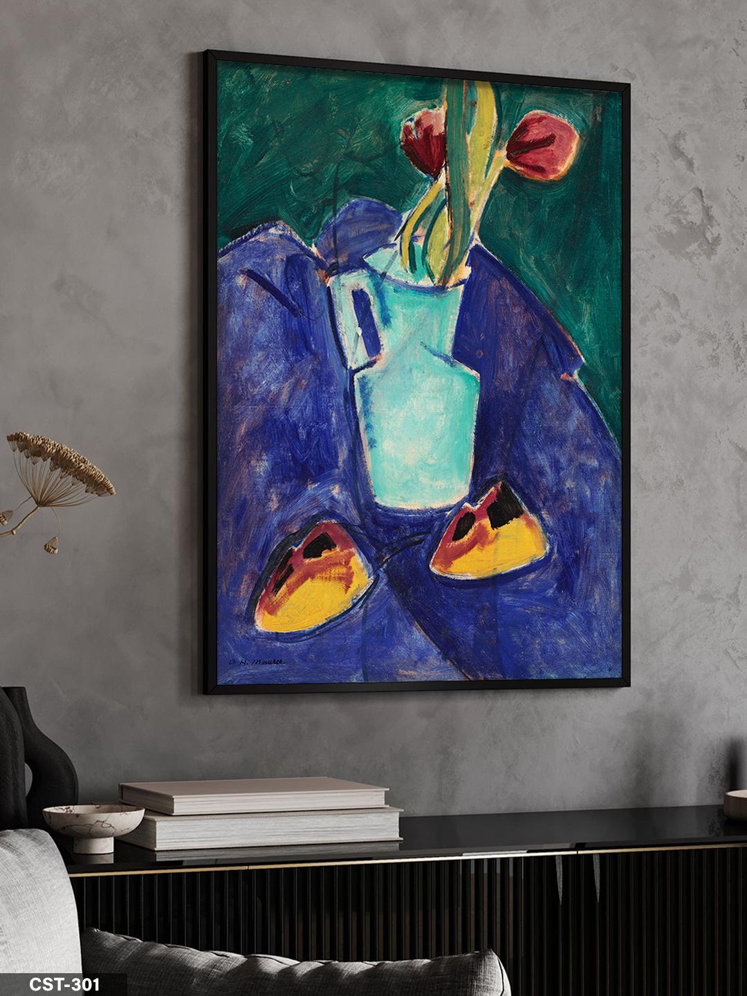 Ernst Ludwing Kirchner Çiçekler ve Tabak Tek Parça Ahşap Çerçeveli Tablo Siyah - 50 x 70 CM