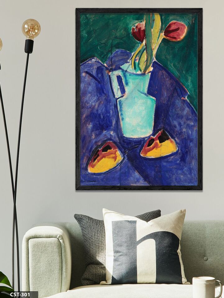 Ernst Ludwing Kirchner Çiçekler ve Tabak Tek Parça Ahşap Çerçeveli Tablo Siyah - 50 x 70 CM