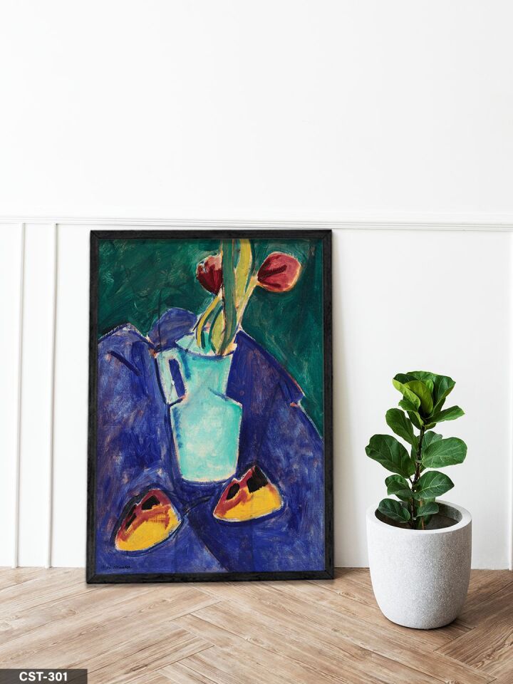 Ernst Ludwing Kirchner Çiçekler ve Tabak Tek Parça Ahşap Çerçeveli Tablo Siyah - 50 x 70 CM