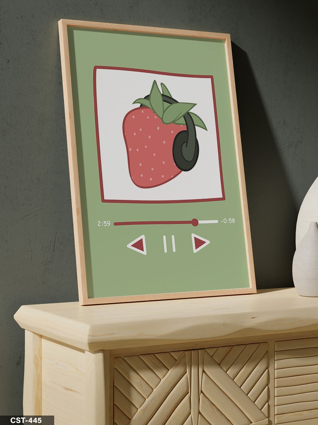 Kulaklıklı Çilek Tek Parça Ahşap Çerçeveli Tablo Naturel - 20 x 30 CM