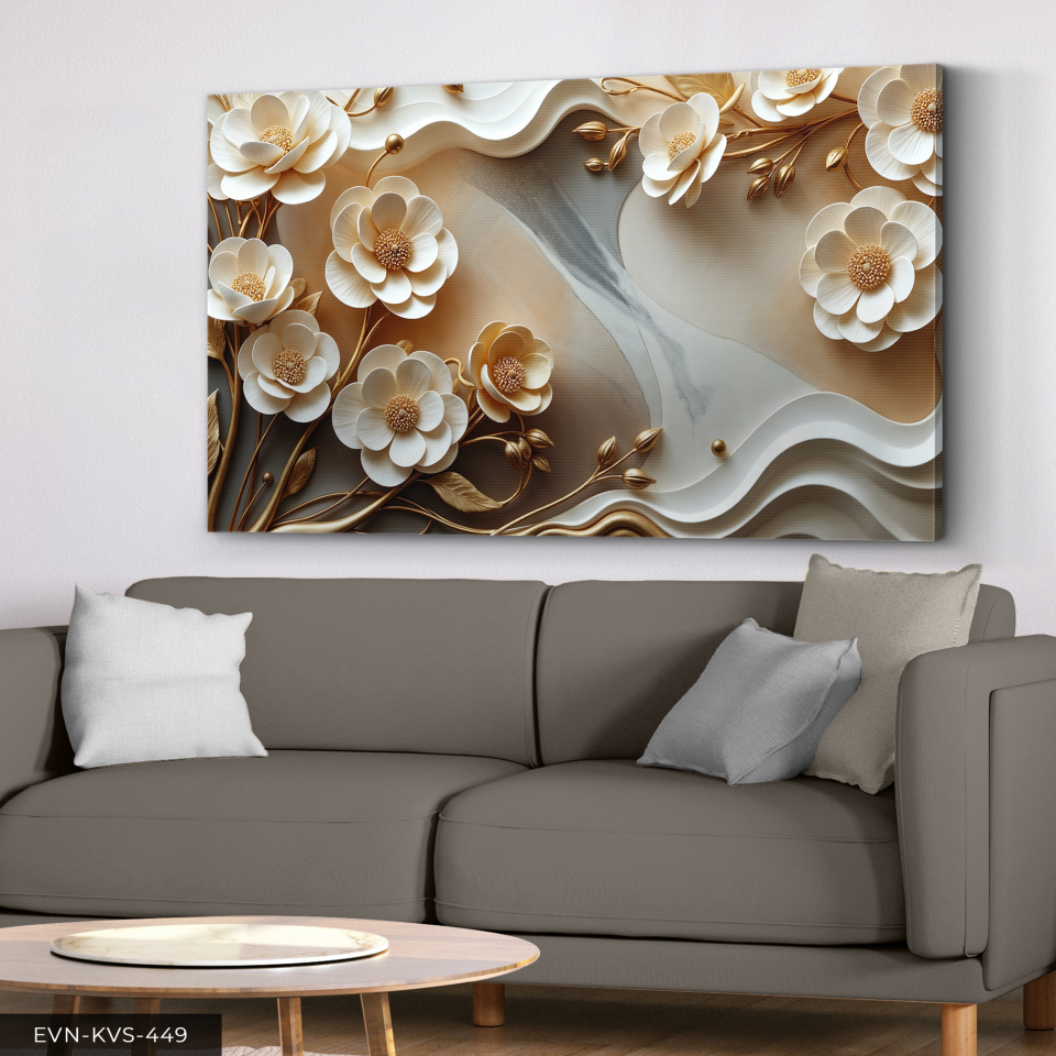 Gold Yapraklı Zarif Beyaz Çiçekler Tek Parça Kanvas - Canvas Tablo 140 x 90 CM - Çok Renkli