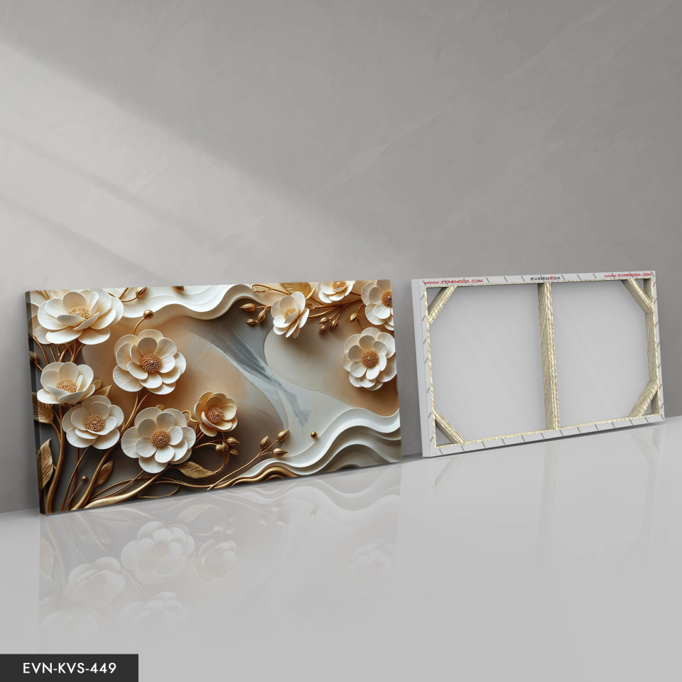 Gold Yapraklı Zarif Beyaz Çiçekler Tek Parça Kanvas - Canvas Tablo 140 x 90 CM - Çok Renkli