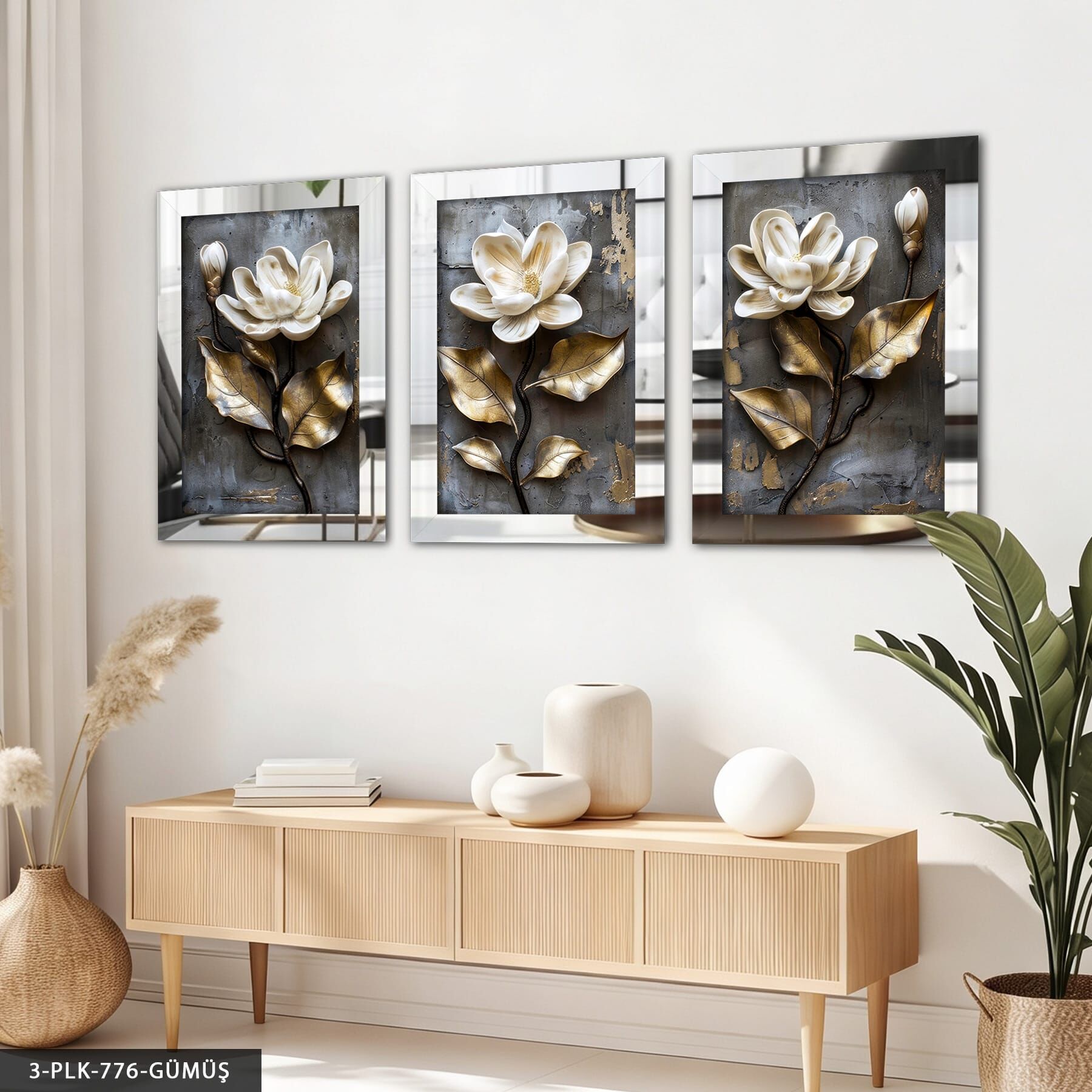 Dokulu Görünüm Beyaz Çiçek 3 Parça Pleksi Aynalı Tablo Gümüş - 30 x 40 CM