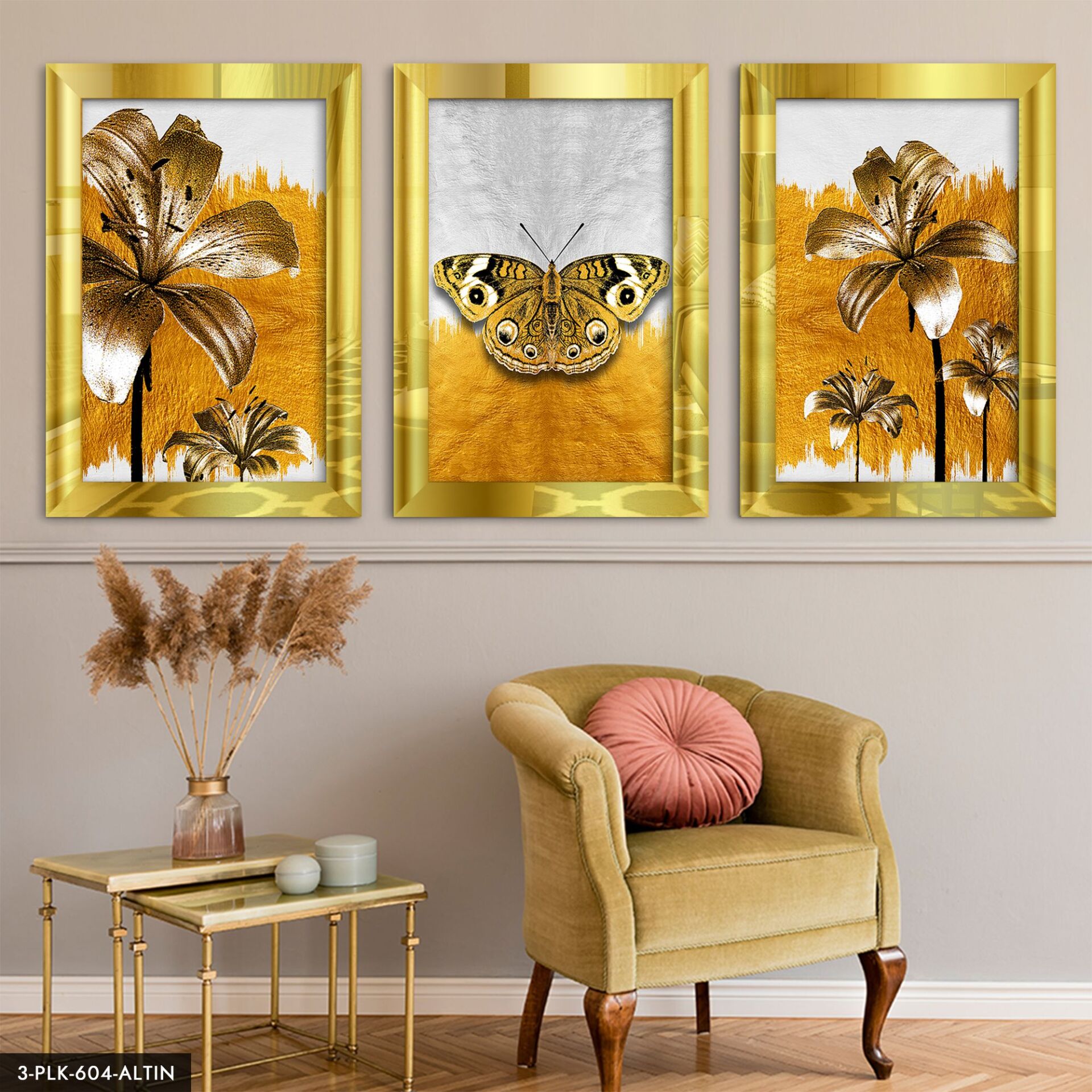 Kelebek Çiçek 3 Parça Pleksi Aynalı Tablo 60 x 80 CM - Gold