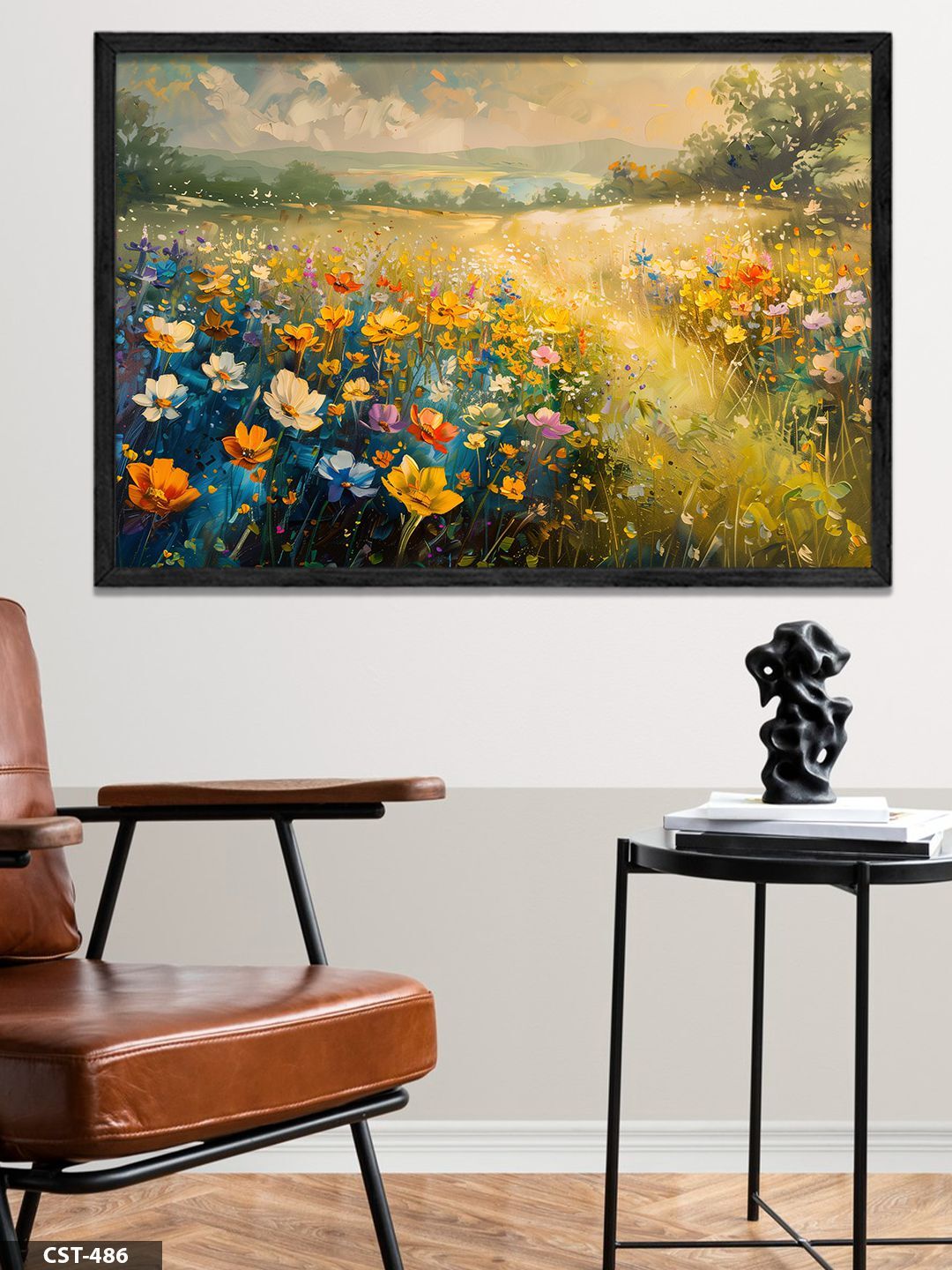 Çiçek Tarlası Tek Parça Ahşap Çerçeveli Tablo Siyah - 30 x 40 CM