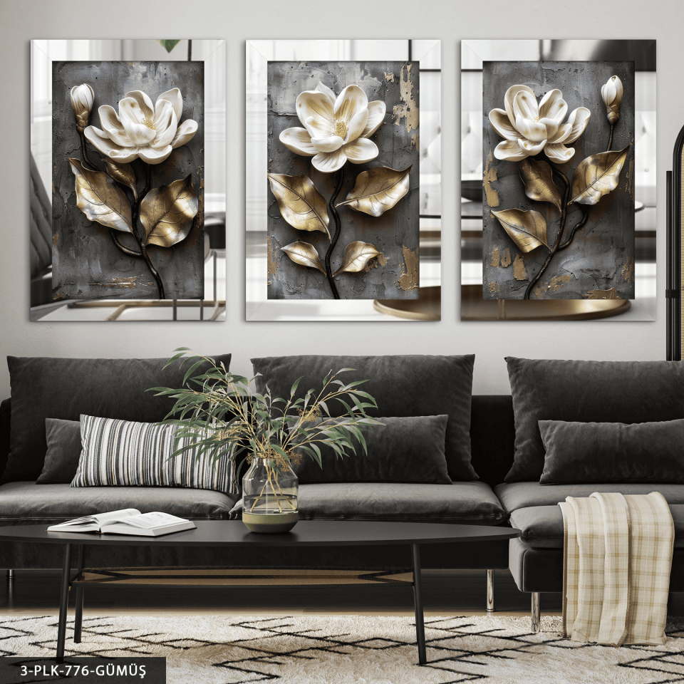 Dokulu Görünüm Beyaz Çiçek 3 Parça Pleksi Aynalı Tablo Gümüş - 40 x 60 CM