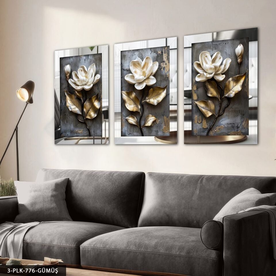 Dokulu Görünüm Beyaz Çiçek 3 Parça Pleksi Aynalı Tablo Gümüş - 40 x 60 CM