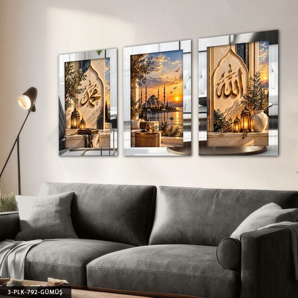 Allah Muhammed ve Camii 3 Parça Pleksi Aynalı Tablo Gümüş - 40 x 60 CM