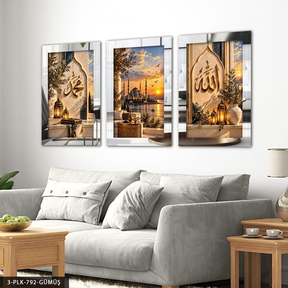 Allah Muhammed ve Camii 3 Parça Pleksi Aynalı Tablo Gümüş - 40 x 60 CM
