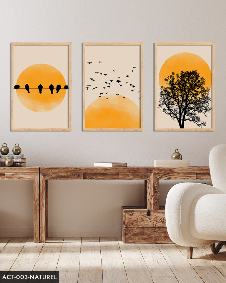 Soyut Doğa Ağaç Kuşlar Güneş 3 Parça Ahşap Çerçeveli Tablo ACT Naturel - 30 x 40 CM