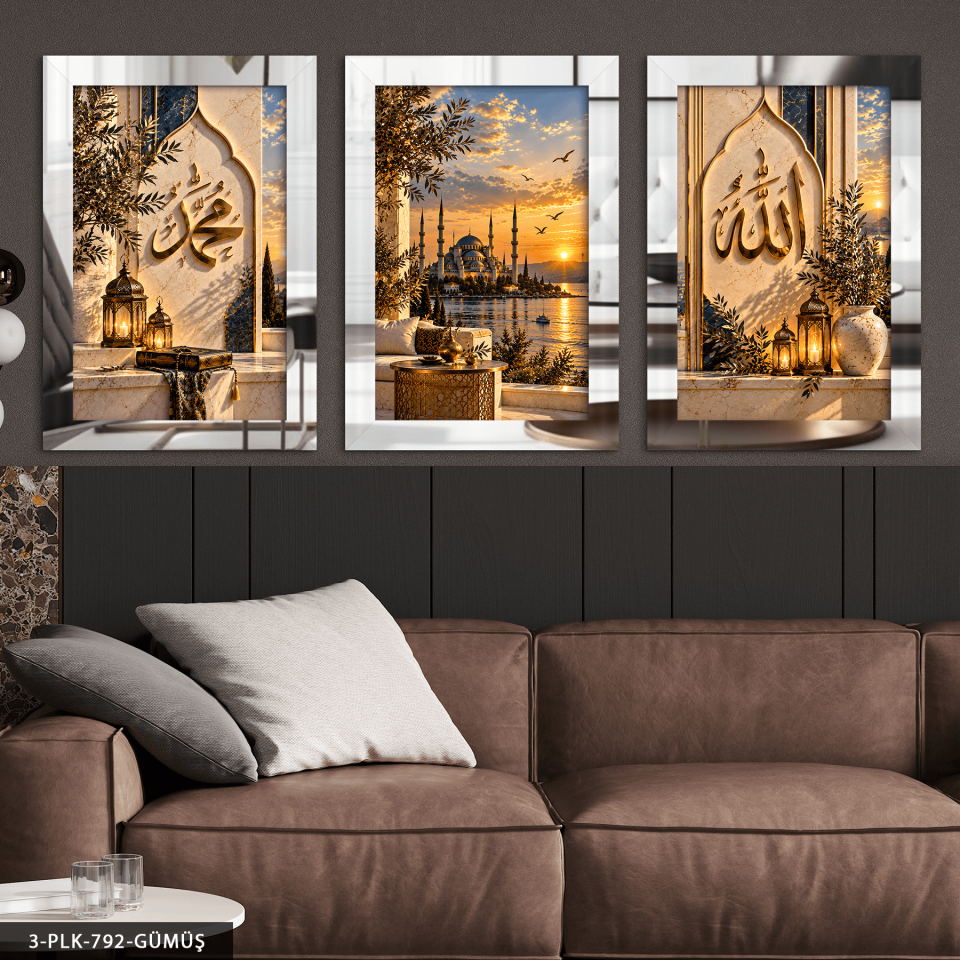 Allah Muhammed ve Camii 3 Parça Pleksi Aynalı Tablo Gümüş - 50 x 70 CM