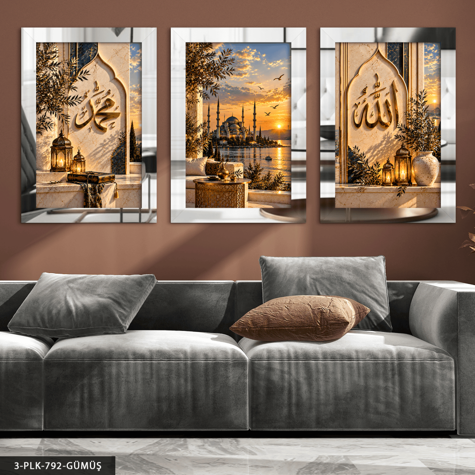 Allah Muhammed ve Camii 3 Parça Pleksi Aynalı Tablo Gümüş - 50 x 70 CM