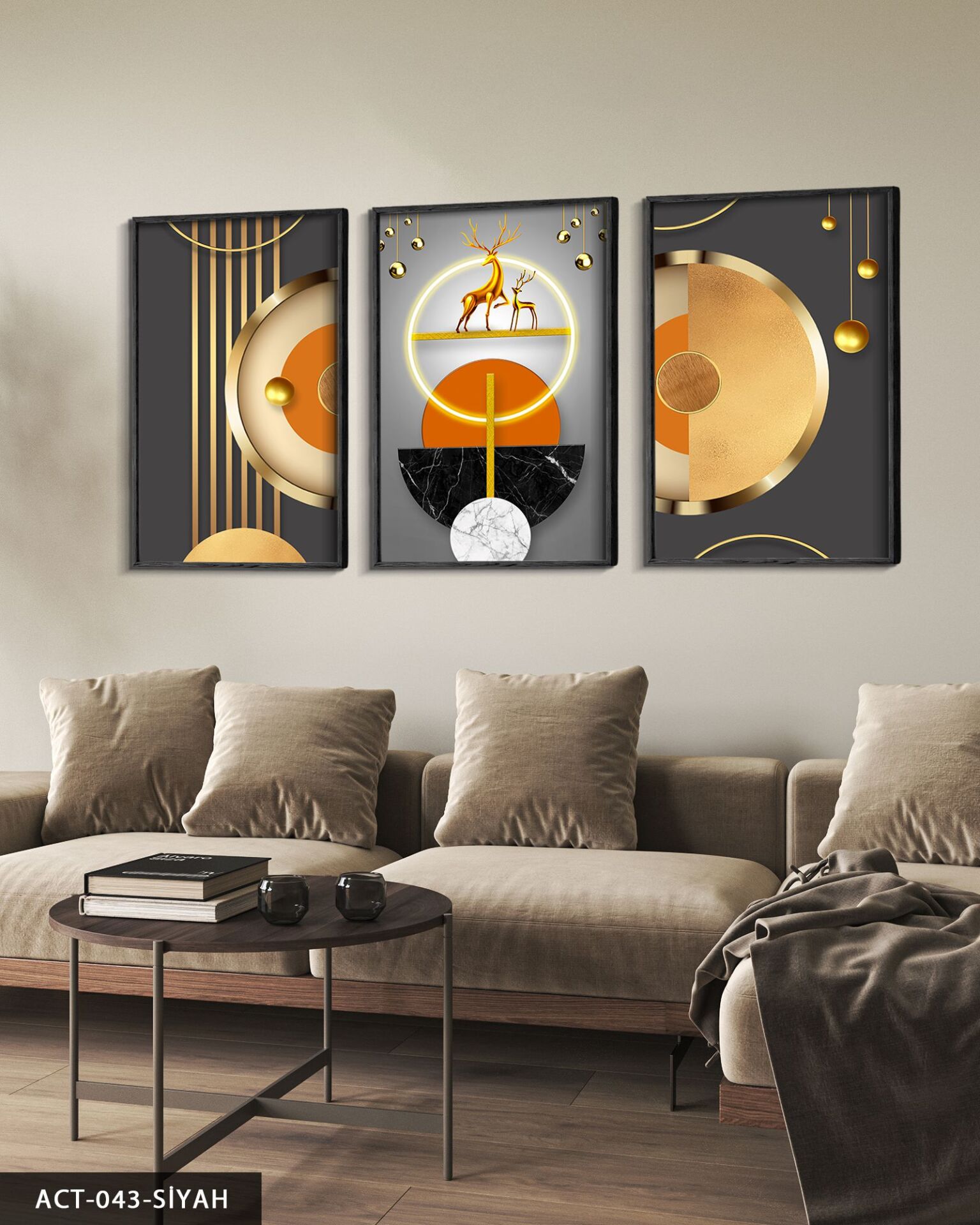 Gold, Geyik, Geometri, Soyut, Neon 3 Parça Ahşap Çerçeveli Tablo ACT Siyah - 40 x 60 CM