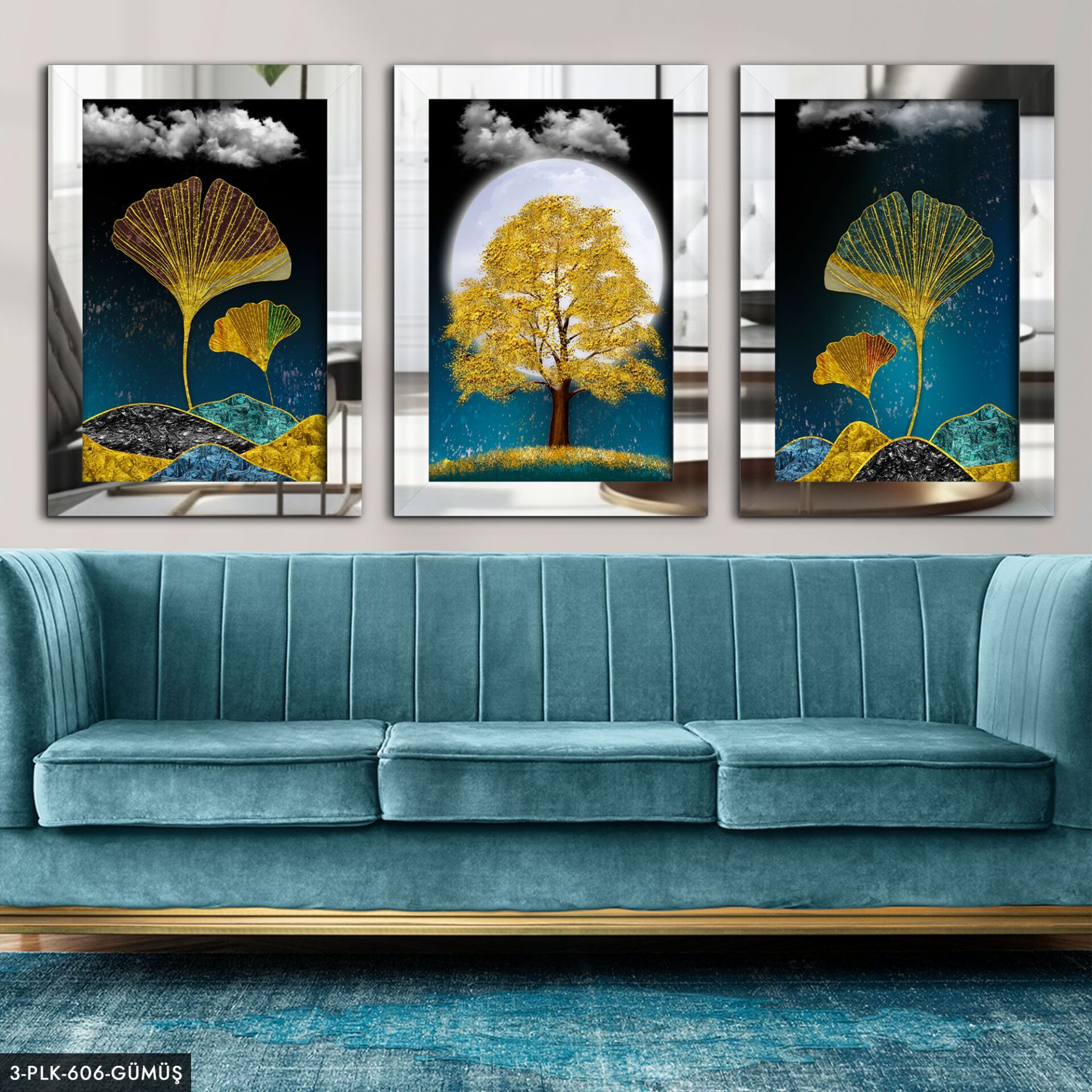 Agac Çiçek 3 Parça Pleksi Aynalı Tablo 60 x 80 CM - Gümüş
