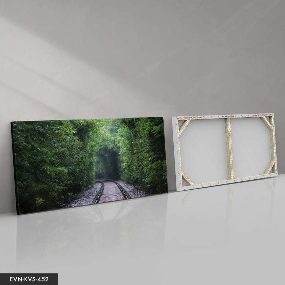 Ağaçların İçinde Tren Yolu Tek Parça Kanvas - Canvas Tablo 140 x 90 CM - Çok Renkli