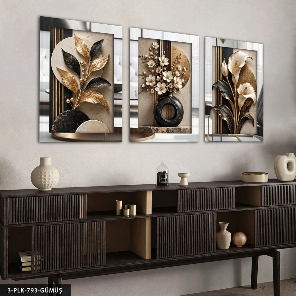 Gold Siyah Yapraklar ve Çiçek 3 Parça Pleksi Aynalı Tablo Gümüş - 50 x 70 CM