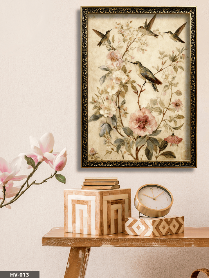 Daldaki Kuşlar Vintage Desenli Premium Çerçeveli Tek Parça Tablo 75x55 CM HV