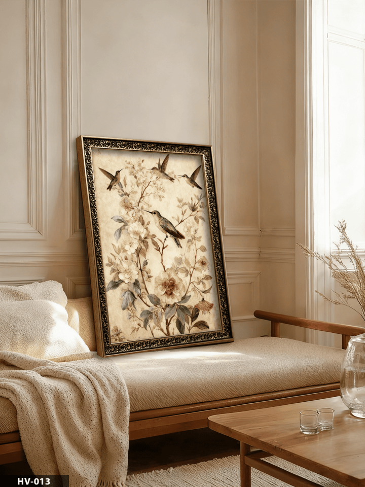 Daldaki Kuşlar Vintage Desenli Premium Çerçeveli Tek Parça Tablo 75x55 CM HV