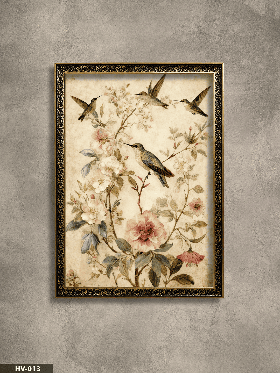 Daldaki Kuşlar Vintage Desenli Premium Çerçeveli Tek Parça Tablo 75x55 CM HV