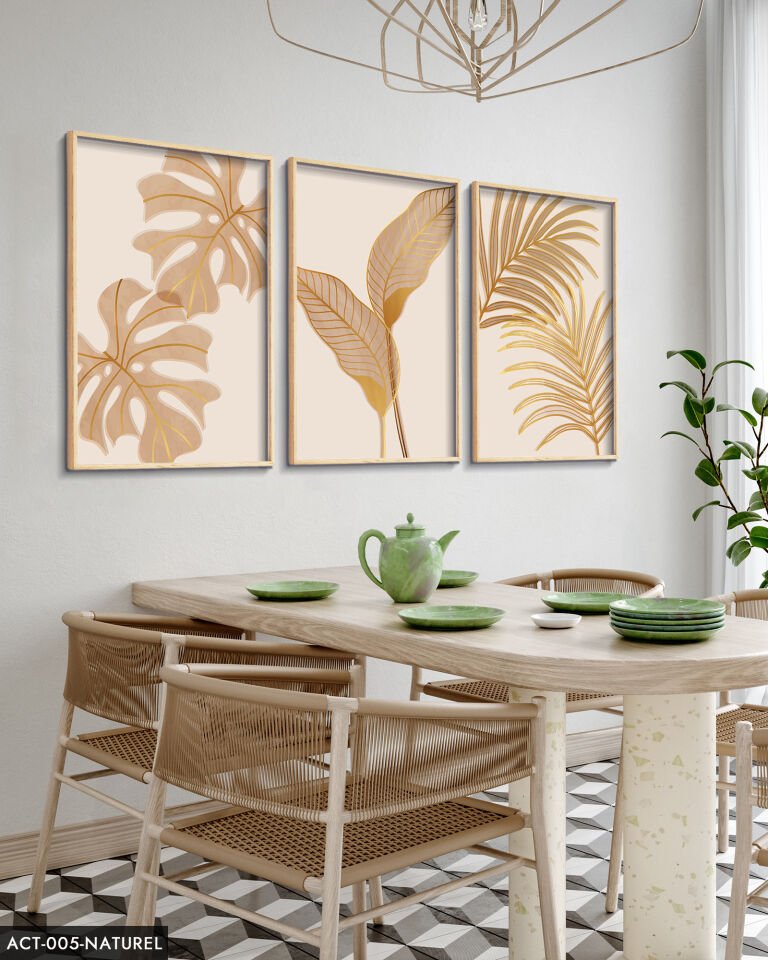 Botanik Altın Yapraklı Çiçek 3 Parça Ahşap Çerçeveli Tablo ACT Naturel - 30 x 40 CM