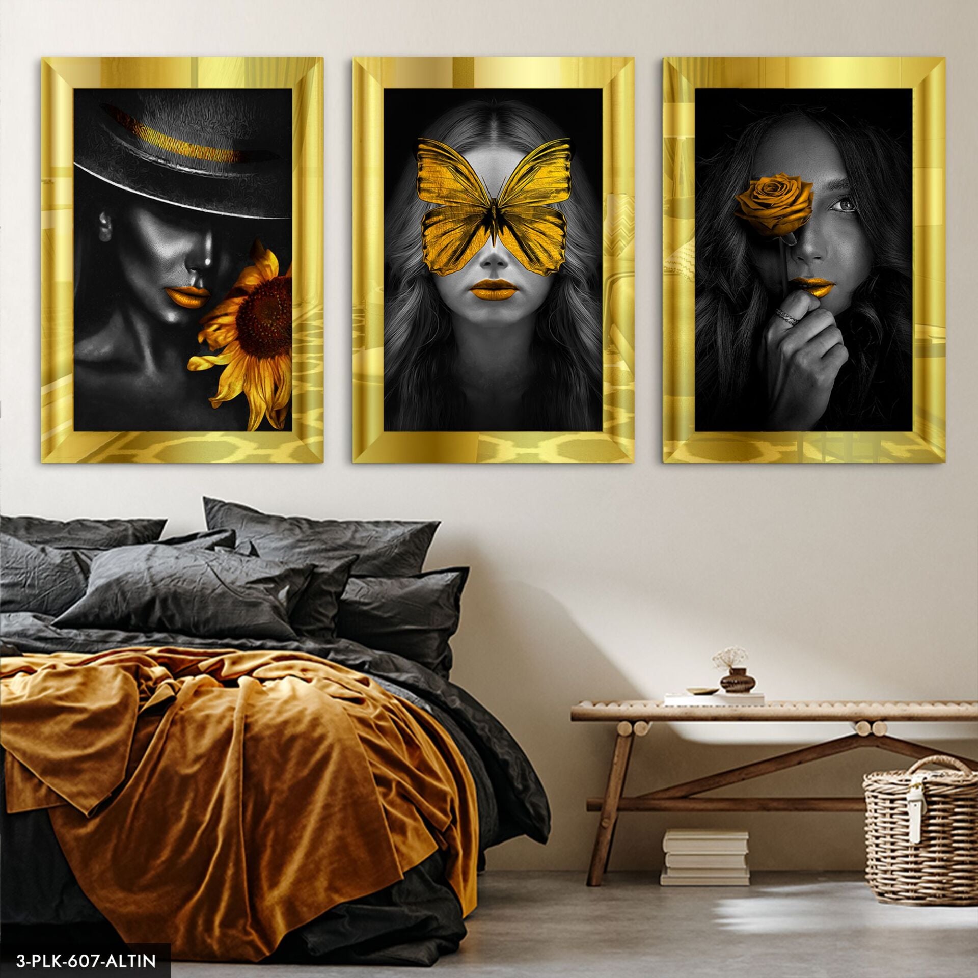 Kadın Portre Çiçek 3 Parça Pleksi Aynalı Tablo 60 x 80 CM - Gold