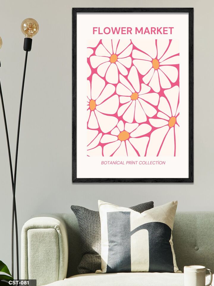 Pembe Çiçek illüstrasyon Tek Parça Ahşap Çerçeveli Tablo Siyah - 20 x 30 CM