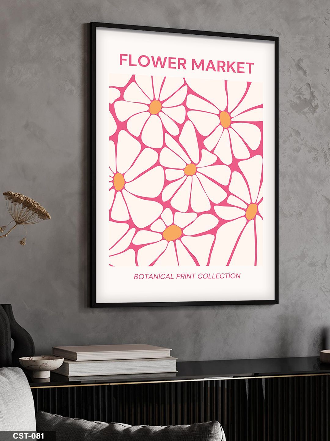 Pembe Çiçek illüstrasyon Tek Parça Ahşap Çerçeveli Tablo Siyah - 20 x 30 CM